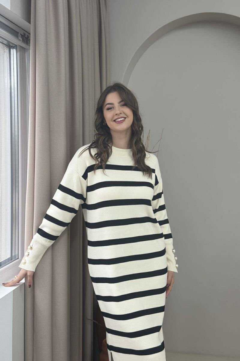 LONG STRIPED ROUND NECK WOMEN DRESS CREAM/KREM - 7