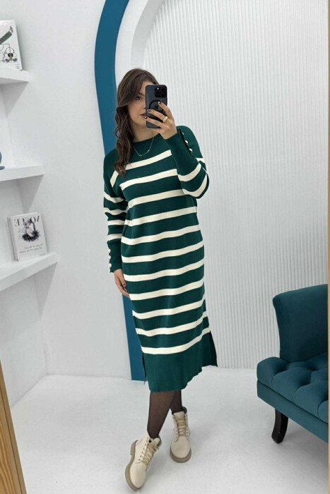 LONG STRIPED ROUND NECK WOMEN DRESS DARK GREEN/JEE - 2
