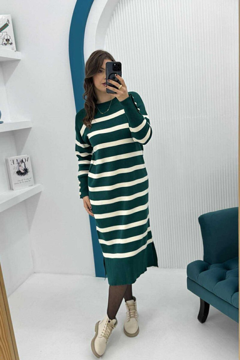 LONG STRIPED ROUND NECK WOMEN DRESS DARK GREEN/JEE - 2