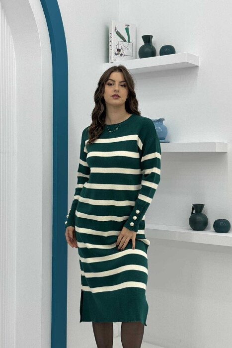 LONG STRIPED ROUND NECK WOMEN DRESS DARK GREEN/JEE - 1