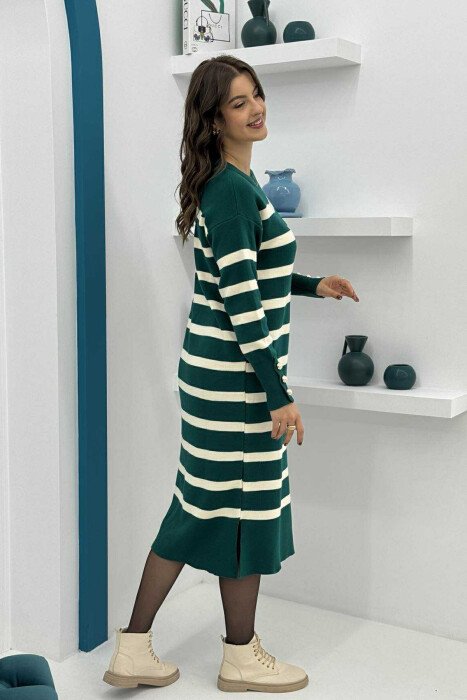 LONG STRIPED ROUND NECK WOMEN DRESS DARK GREEN/JEE - 3