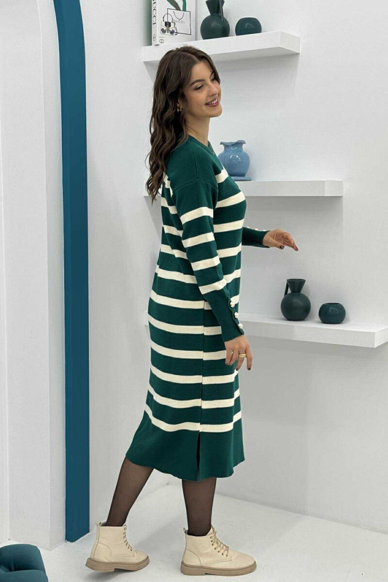 LONG STRIPED ROUND NECK WOMEN DRESS DARK GREEN/JEE - 3