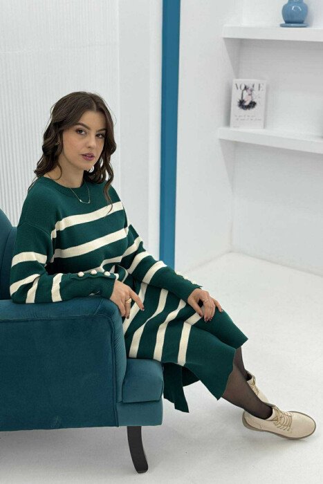 LONG STRIPED ROUND NECK WOMEN DRESS DARK GREEN/JEE - 4