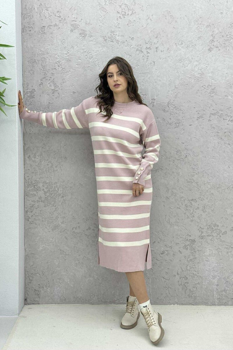 LONG STRIPED ROUND NECK WOMEN DRESS POWDER/PUDER - 1
