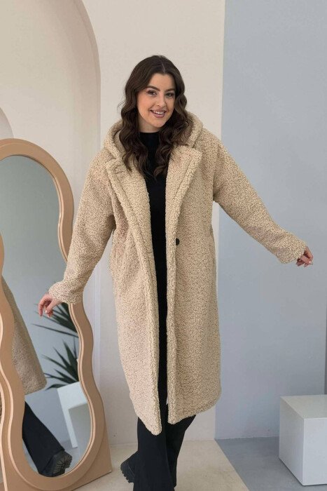 LONG TEDDY BEAR WOMEN JACKET BEIGE/BEZHE - KLAUDIO FASHION
