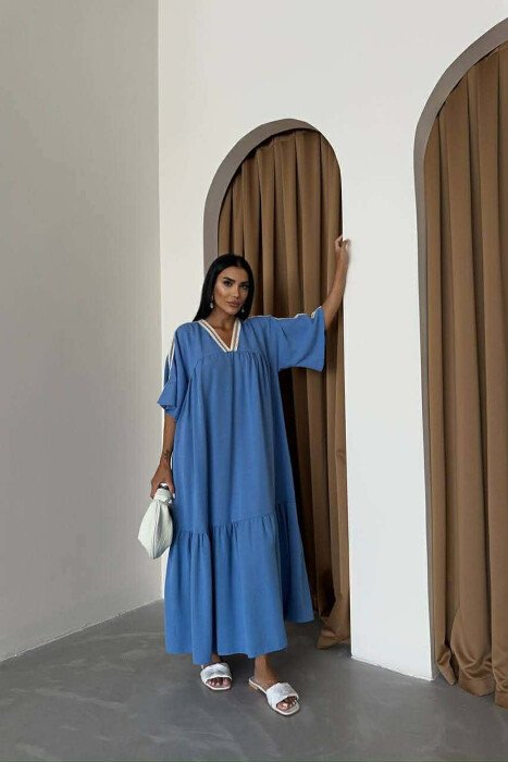 LONG V-NECK SHORT SLEEVE WOMAN DRESS BLUE/BLU 