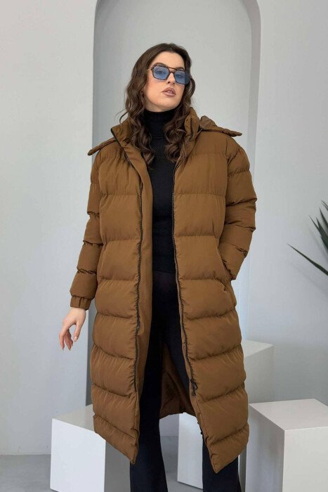 LONG WOMEN PUFFER JACKET BROWN/KAFE - KLAUDIO FASHION