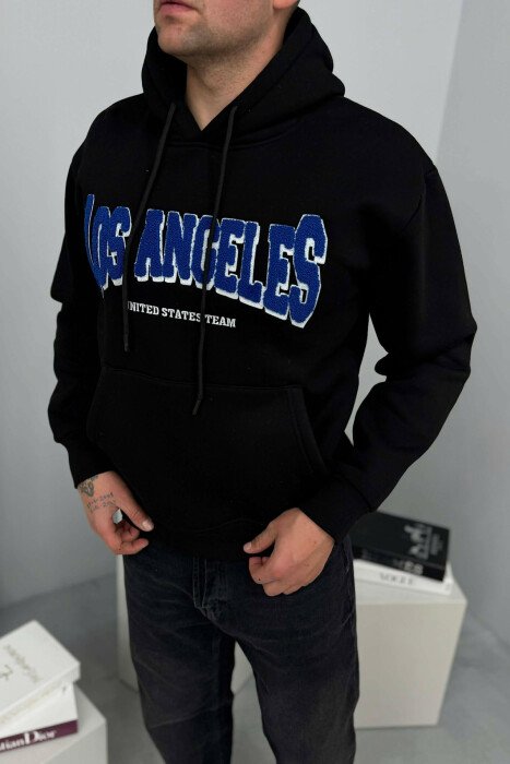 LOS ANGELES FRONT WRITTINGS FLUFFY MEN HOODIE BLACK/ E ZEZE - 2