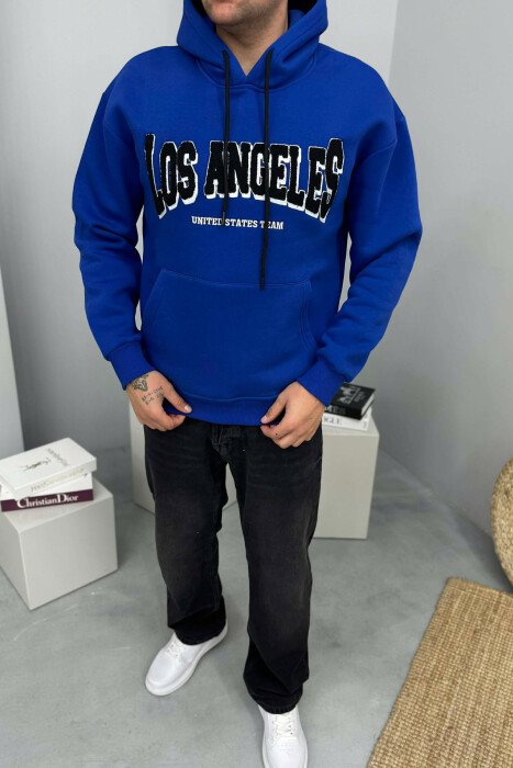 HOODIE ME PUSH NJËNGJYRËSHE DHE ME SHKRIM PARA PËR MESHKUJ NË NGJYRE BLU 