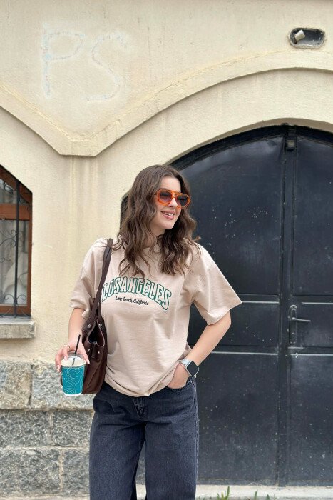 LOS ANGELES FRONT WRITTINGS WOMEN T-SHIRT BEIGE/BEZHE - KLAUDIO FASHION