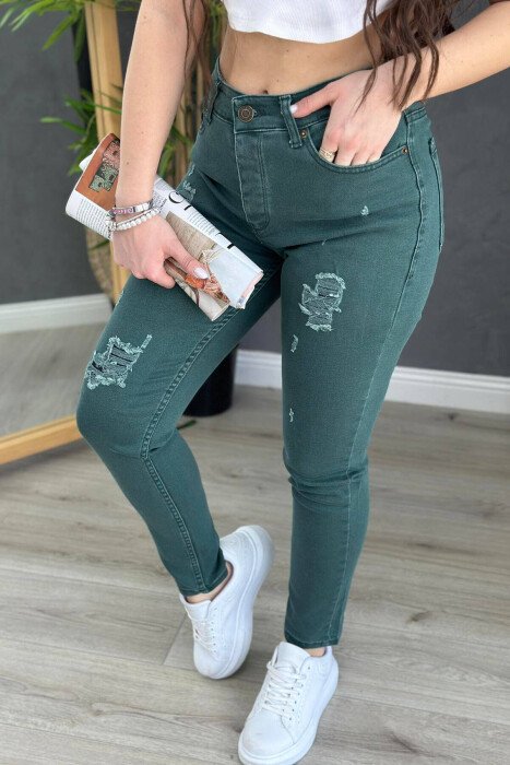LOW RISE ONE COLOR WOMAN DENIM JEANS GREEN/JESHILE - KLAUDIO FASHION
