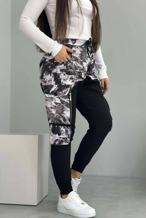 MARBLE PRINT ZIPPER POCKETS WOMEN JOGGERS BLACK-WHITE/ZB - KLAUDIO FASHION