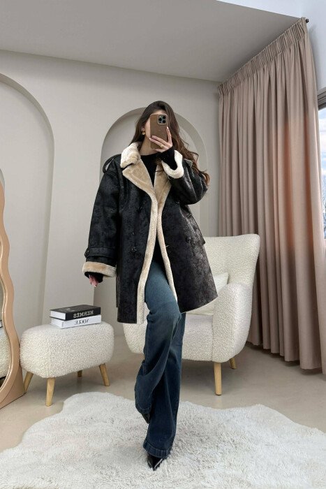 MEDIUM BUTTONED WOOL WOMEN JACKET BLACK-CREAM/ZEKR - 2
