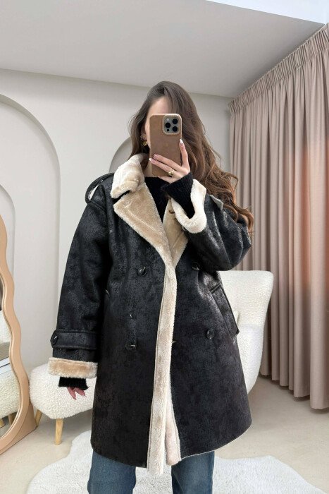 MEDIUM BUTTONED WOOL WOMEN JACKET BLACK-CREAM/ZEKR - 3