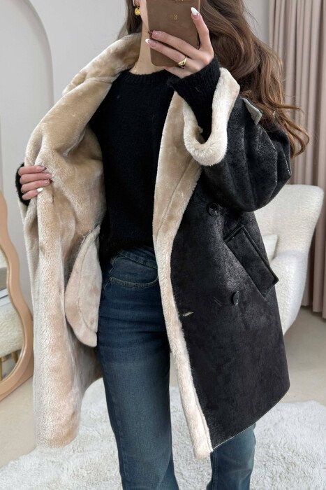 MEDIUM BUTTONED WOOL WOMEN JACKET BLACK-CREAM/ZEKR - 4