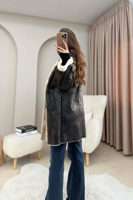MEDIUM BUTTONED WOOL WOMEN JACKET BLACK-CREAM/ZEKR - 5