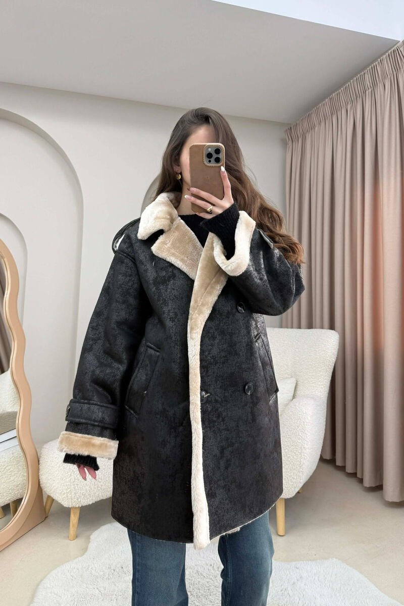 MEDIUM BUTTONED WOOL WOMEN JACKET BLACK-CREAM/ZEKR - 6