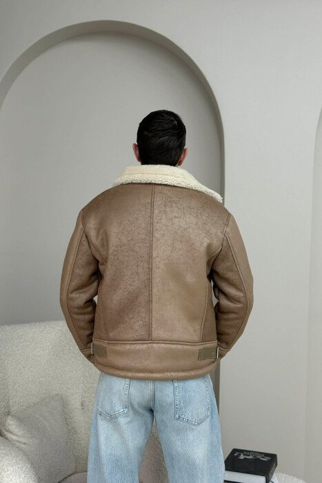 NECK AND BOTTOM BELTED FLUFFY MEN PUFFER JACKET BEIGE/BEZHE - 4
