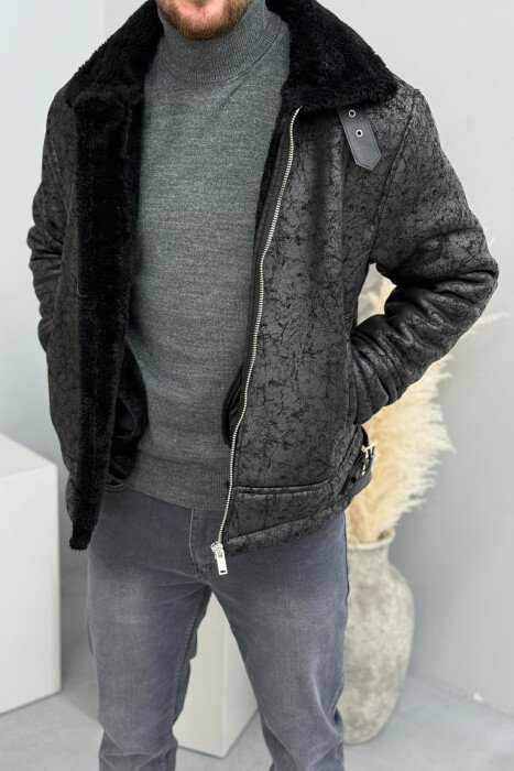 NECK AND BOTTOM BELTED FLUFFY MEN PUFFER JACKET BLACK/ E ZEZE - KLAUDIO FASHION