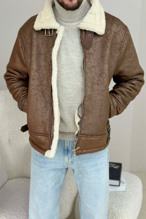 NECK AND BOTTOM BELTED FLUFFY MEN PUFFER JACKET BROWN/KAFE - KLAUDIO FASHION