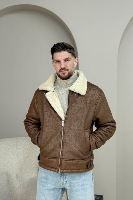 NECK AND BOTTOM BELTED FLUFFY MEN PUFFER JACKET BROWN/KAFE - 5