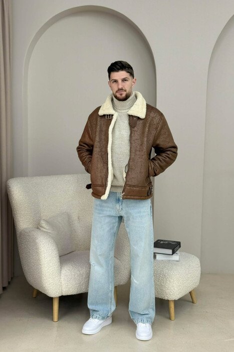 NECK AND BOTTOM BELTED FLUFFY MEN PUFFER JACKET BROWN/KAFE - 6