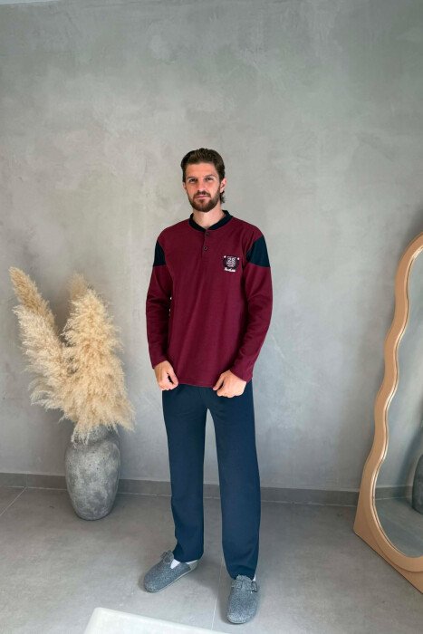 NECK BUTTONS SWEATSHIRT+TROUSERS MEN PYJAMAS BURGUNDY/VISHNJE - KLAUDIO FASHION