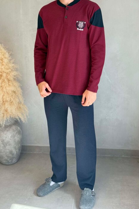 NECK BUTTONS SWEATSHIRT+TROUSERS MEN PYJAMAS BURGUNDY/VISHNJE - 2
