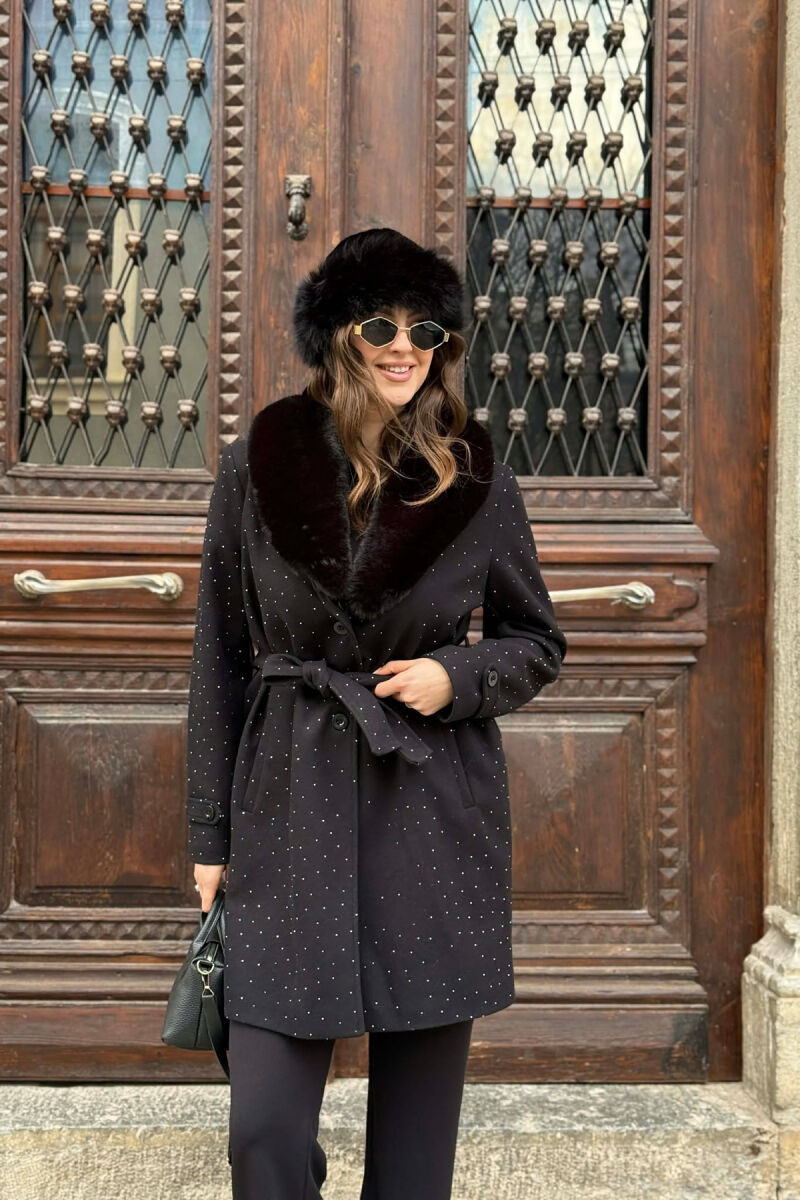 NECK FAUX FUR & STONES DETAILS WOMEN COAT BLACK/ E ZEZE - 1