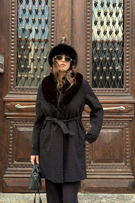 NECK FAUX FUR & STONES DETAILS WOMEN COAT BLACK/ E ZEZE - 2