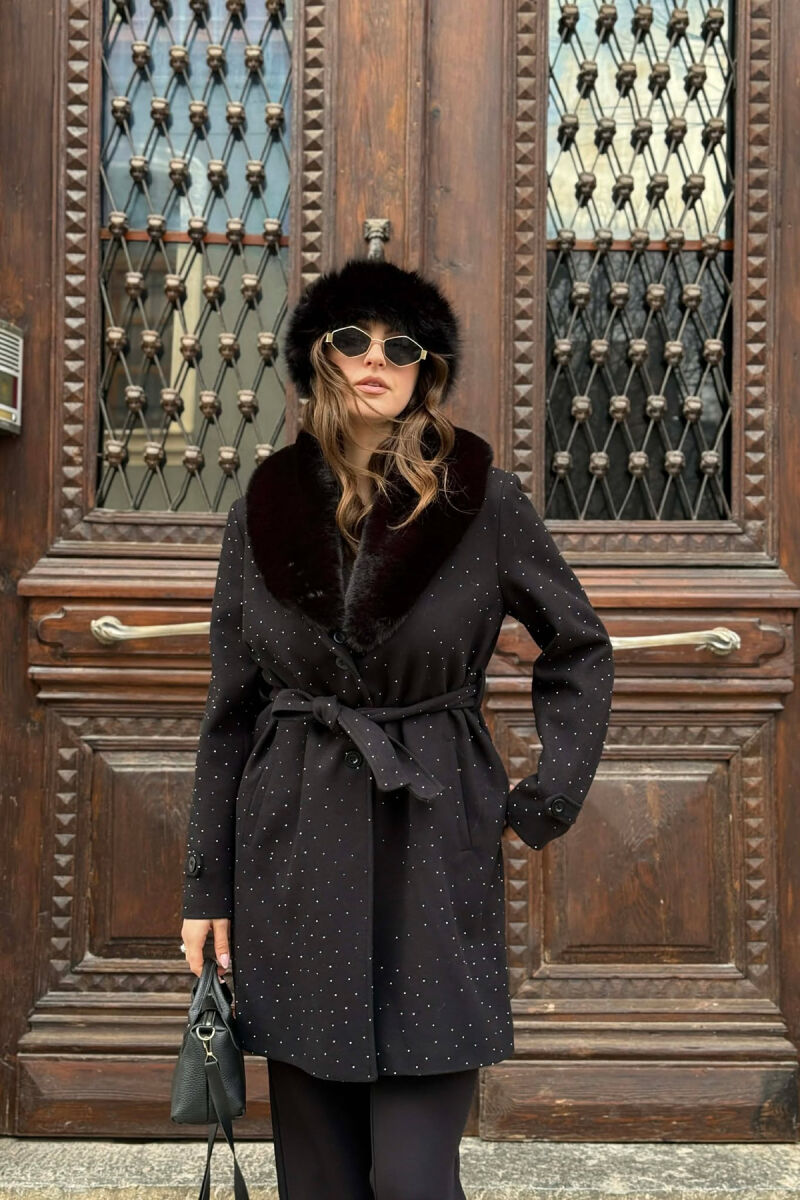 NECK FAUX FUR & STONES DETAILS WOMEN COAT BLACK/ E ZEZE - 2