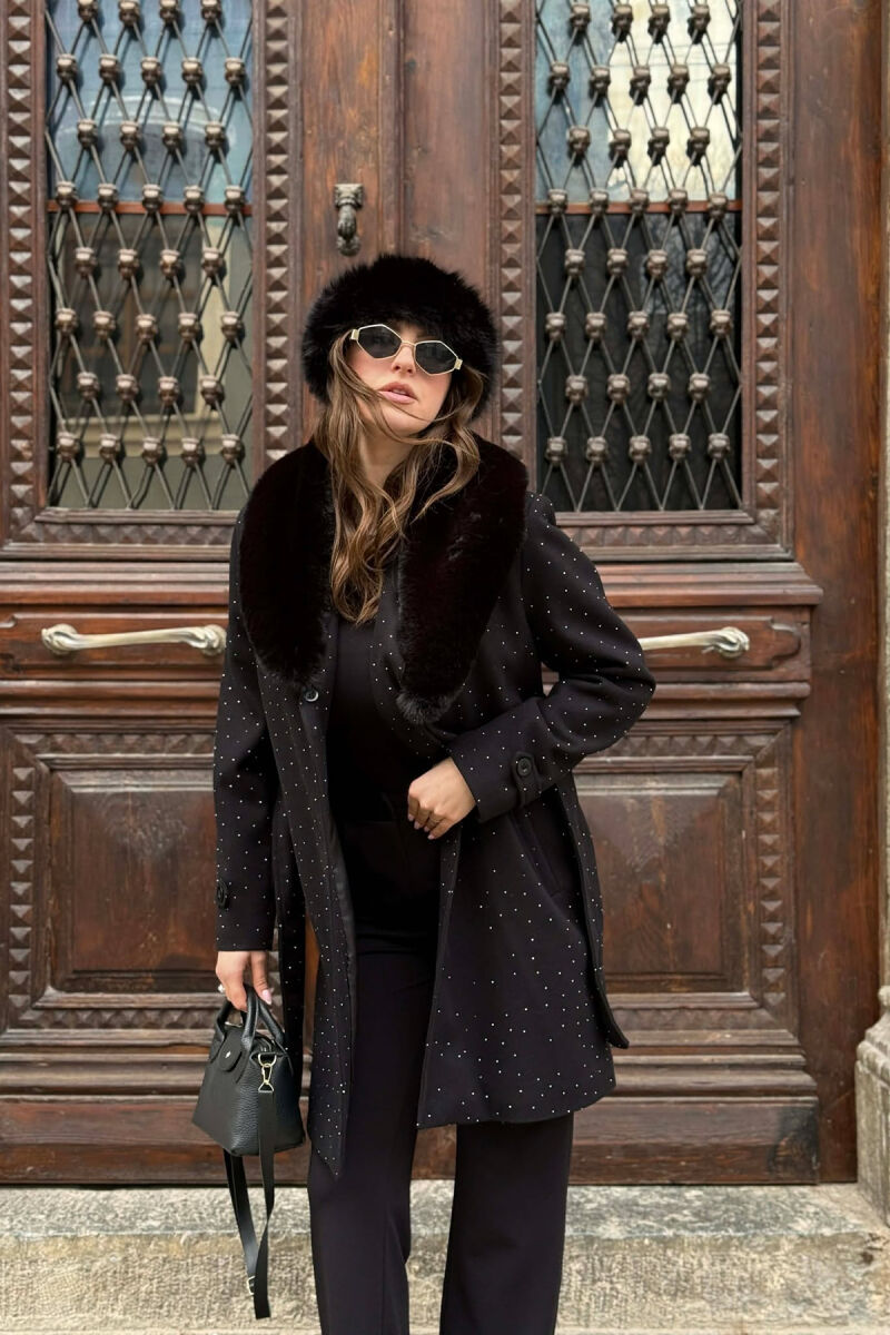 NECK FAUX FUR & STONES DETAILS WOMEN COAT BLACK/ E ZEZE - 3