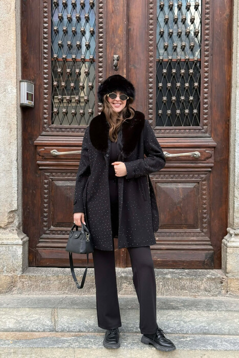NECK FAUX FUR & STONES DETAILS WOMEN COAT BLACK/ E ZEZE - 4
