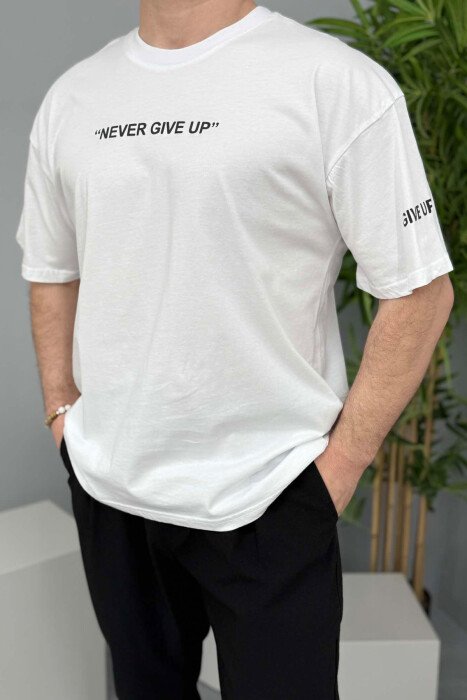 NEVER GIVE UP WRITTING ONE COLOR MEN T-SHIRT WHITE-E BARDHE - 2