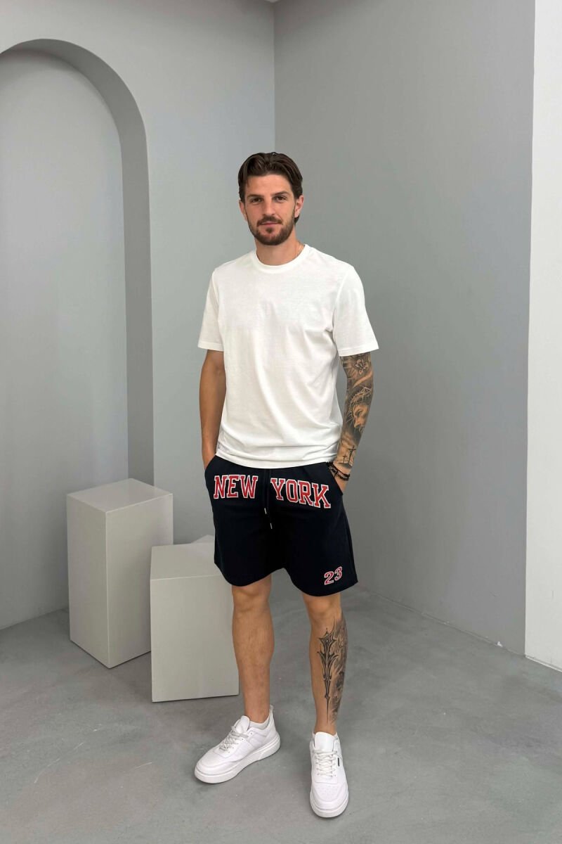 NEW YORK 23 WRITTING MEN SHORT SWEATPANTS DARK BLUE/BEE - 1