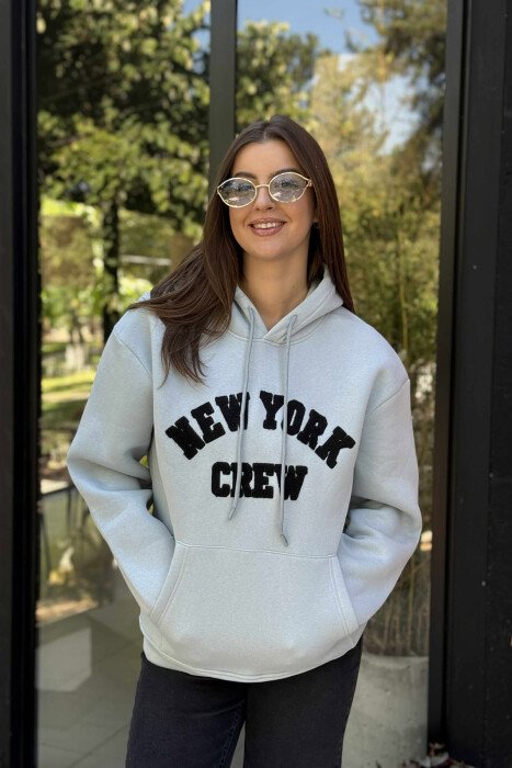 NEW YORK FLUFFY ONE COLOR WOMEN HOODIE LIGHTBLUE/BZ - KLAUDIO FASHION