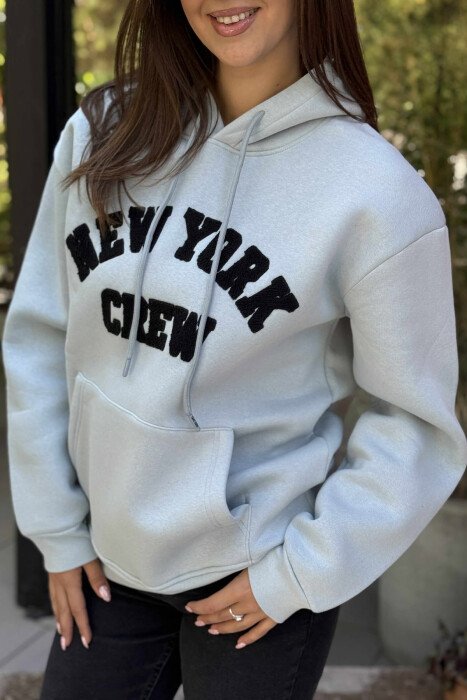 NEW YORK FLUFFY ONE COLOR WOMEN HOODIE LIGHTBLUE/BZ - 4