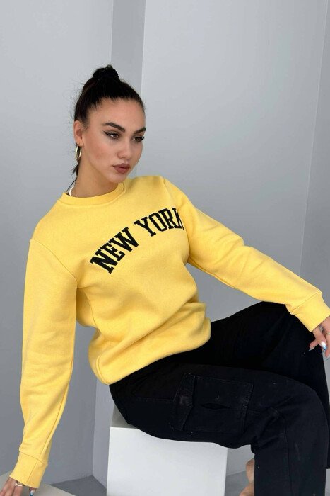 NEW YORK FLUFFY SIMPLE COTTON WOMAN SWEATSHIRT YELLOW/E VERDHE - KLAUDIO FASHION