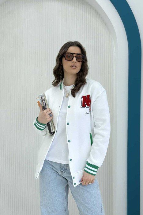 NY LOGO FLUFFY BOMBER WOMEN JACKET WHITE-E BARDHE - KLAUDIO FASHION