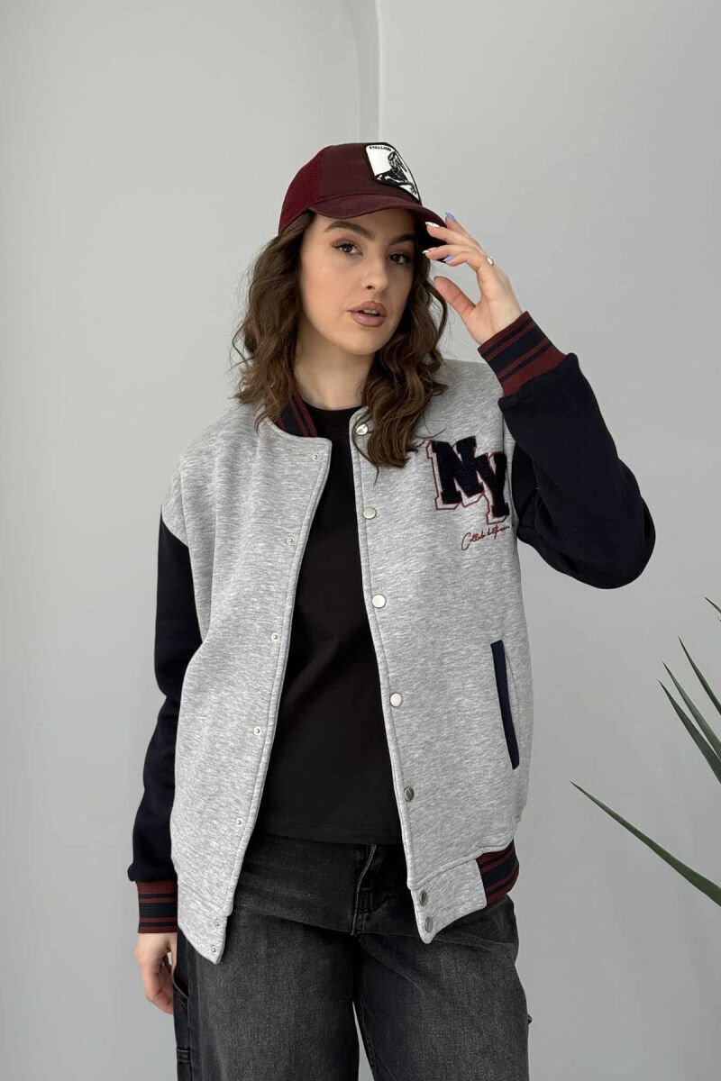 NY LOGO SIMPLE FLUFFY BOMBER WOMEN JACKET BLACK-GREY/ZEGR - 1