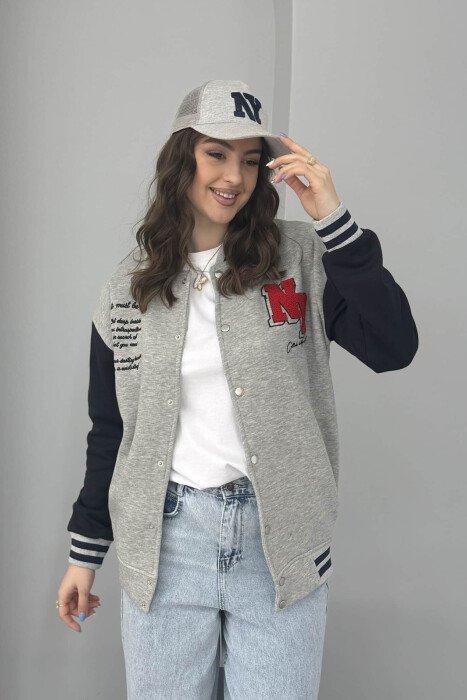 NY LOGO WRITTINGS FLUFFY BOMBER WOMEN JACKET GREY-DARK BLUE/GRBEE - 1