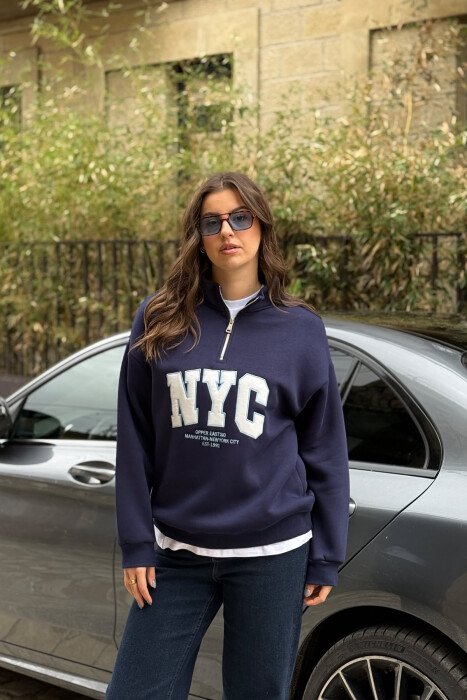 NYC WRITTING FLUFFY ZIPPER NECK WOMEN SWEATSHIRT BLUE/BLU 