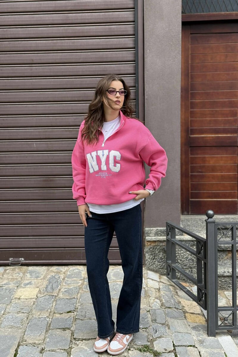 NYC WRITTING FLUFFY ZIPPER NECK WOMEN SWEATSHIRT PINK/ROZE - 1