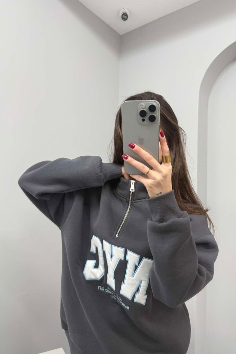 NYC WRITTING FLUFFY ZIPPER NECK WOMEN SWEATSHIRT GREY/GRI - 2
