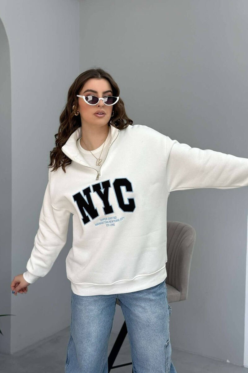 NYC WRITTING FLUFFY ZIPPER NECK WOMEN SWEATSHIRT WHITE-E BARDHE - 1