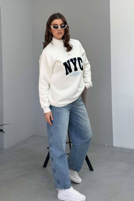 NYC WRITTING FLUFFY ZIPPER NECK WOMEN SWEATSHIRT WHITE-E BARDHE - 2