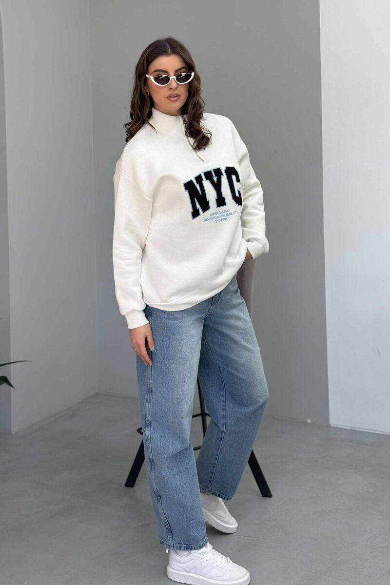 NYC WRITTING FLUFFY ZIPPER NECK WOMEN SWEATSHIRT WHITE-E BARDHE - 2
