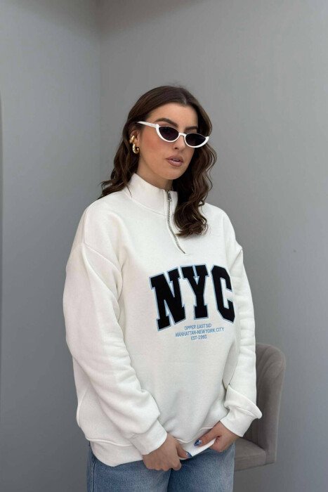 NYC WRITTING FLUFFY ZIPPER NECK WOMEN SWEATSHIRT WHITE-E BARDHE - 3