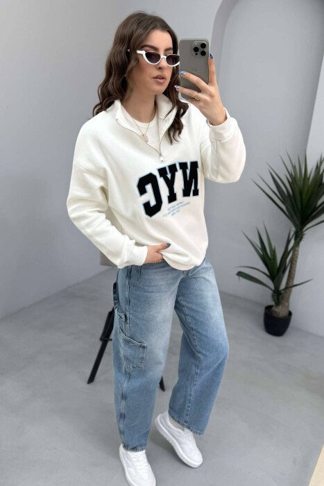 NYC WRITTING FLUFFY ZIPPER NECK WOMEN SWEATSHIRT WHITE-E BARDHE - 5