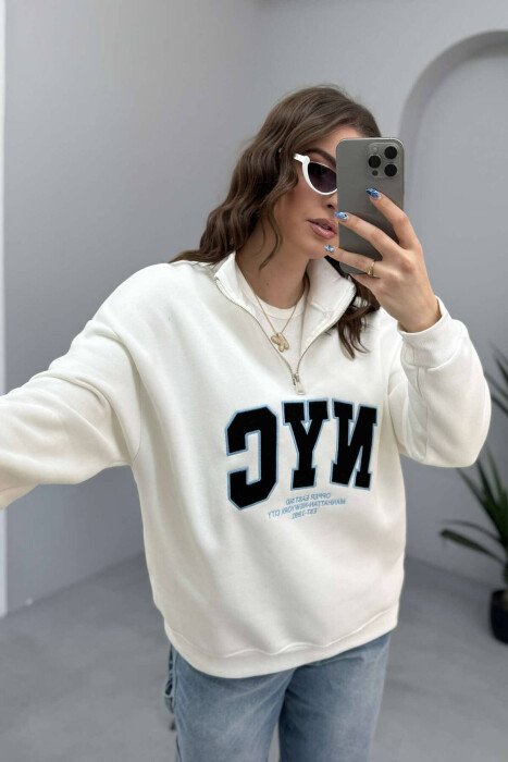 NYC WRITTING FLUFFY ZIPPER NECK WOMEN SWEATSHIRT WHITE-E BARDHE - 6